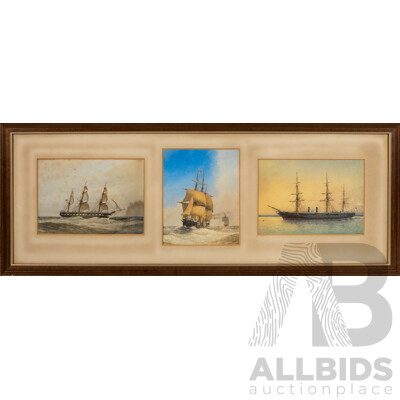 W.F. Mitchell (19/Early 20th Centuries, British, 1845-1914), Tall Ship, Two Studies of HMS Warrior (1860), Wonderful Antique Maritime Watercolour Trio, 33 x 86 cm (frame)