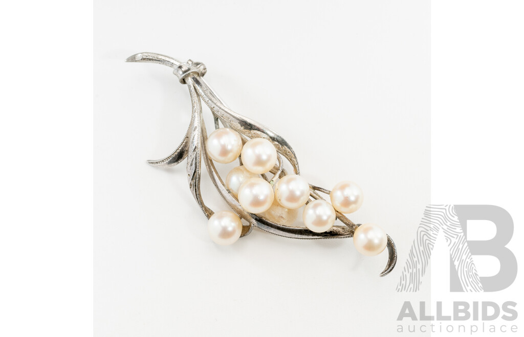 Vintage Sterling Silver Akoya Pearl Brooch, 65mm, 10.0 Grams