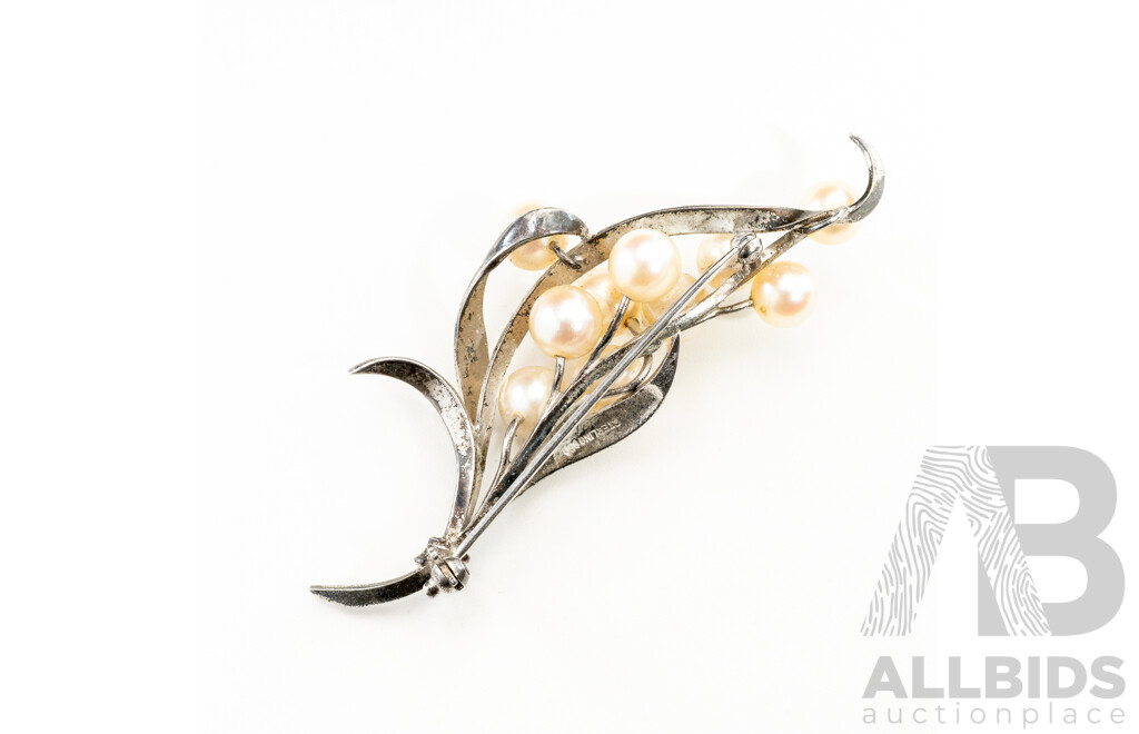 Vintage Sterling Silver Akoya Pearl Brooch, 65mm, 10.0 Grams