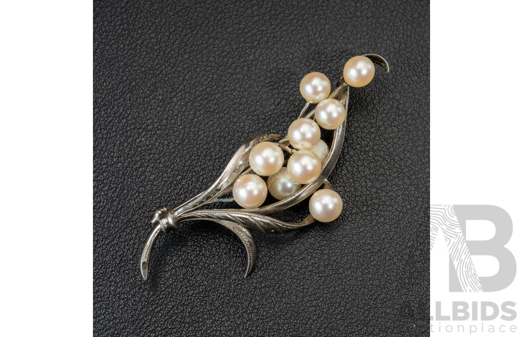 Vintage Sterling Silver Akoya Pearl Brooch, 65mm, 10.0 Grams
