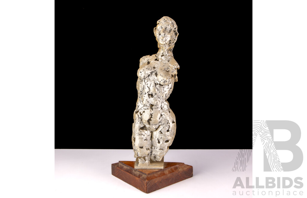 Hand Made Polished Aluminium Sculpture of Female Form on Wooden Triangular Plinth