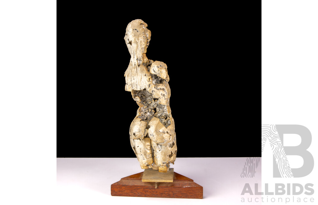 Hand Made Polished Aluminium Sculpture of Female Form on Wooden Triangular Plinth