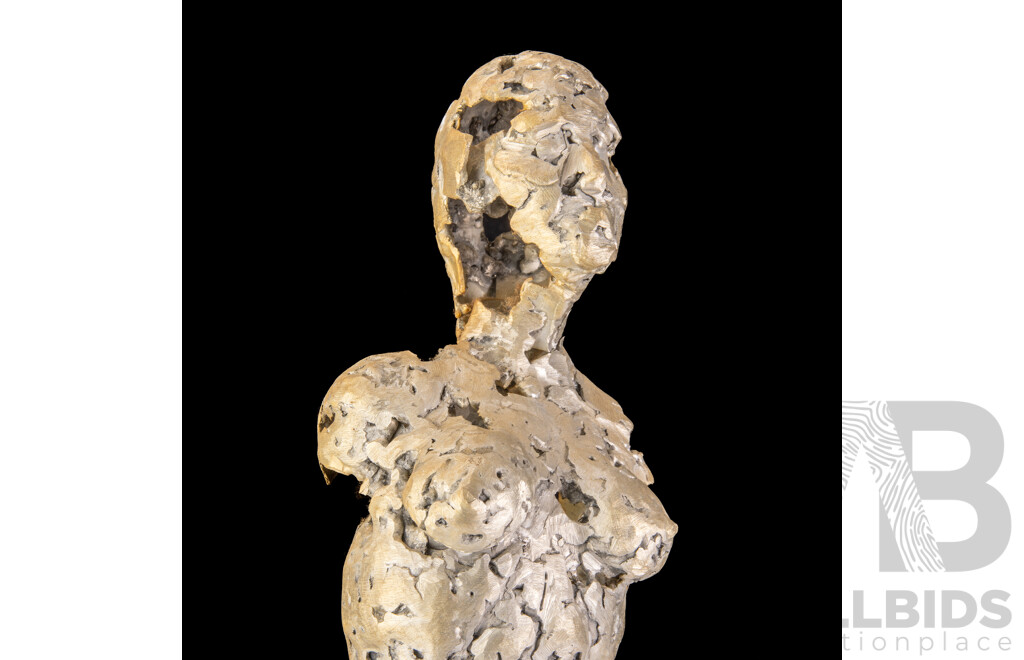 Hand Made Polished Aluminium Sculpture of Female Form on Wooden Triangular Plinth