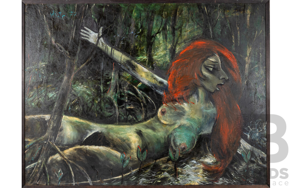 Wade, (20th Century, Working c1970s), Reclining Nude in Forest (1970), Original Oil on Board, 94 x 124 cm (frame)