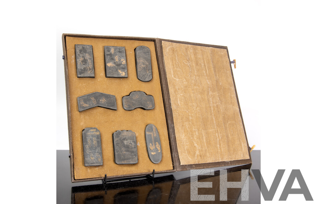 Antique Qing Chinese Inkstone Set with Illustrations by Li Mo, Circa Late 1800s, in Bespoke Case