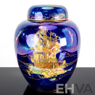 Large Vintage Art Deco English Crown Devon Porcelain Enamel Glazed Lustreware Ship Themed Lidded Vase