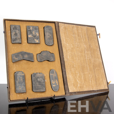 Antique Qing Chinese Inkstone Set with Illustrations by Li Mo, Circa Late 1800s, in Bespoke Case