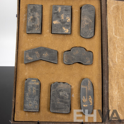 Antique Qing Chinese Inkstone Set with Illustrations by Li Mo, Circa Late 1800s, in Bespoke Case