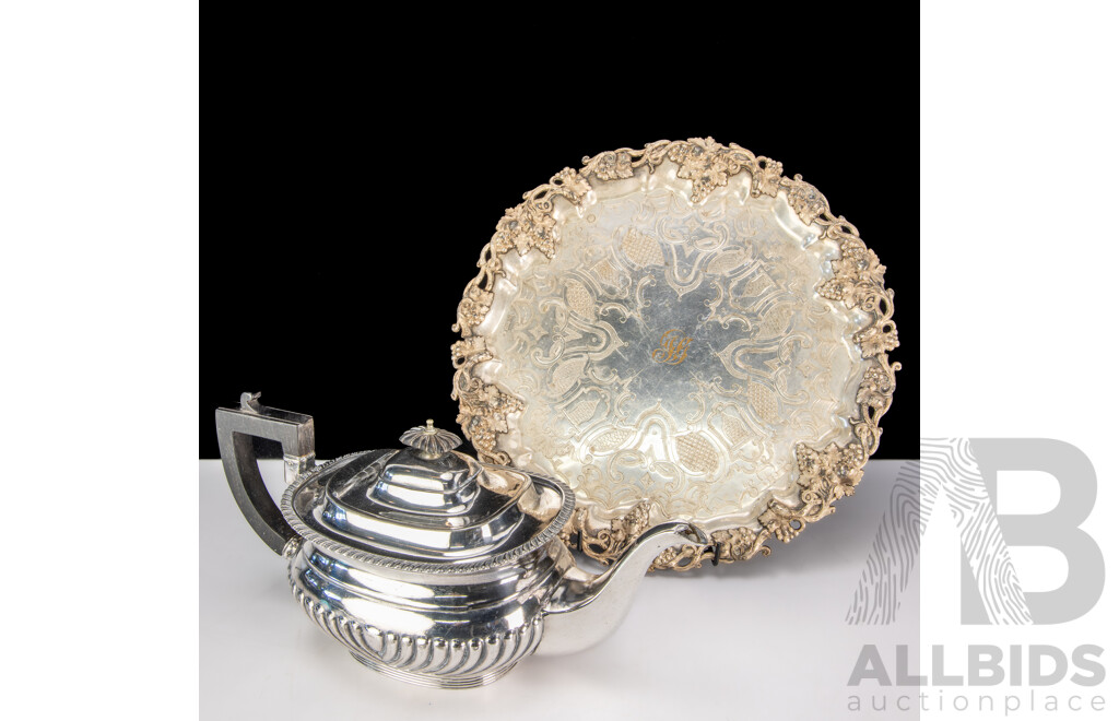 Antique Silver Plate Regency Style Teapot, 1903 Frank Mills & Co Hanover Along with Early Britannia Metal Salver with Grape & Vine Motif to Rim & Three Feet