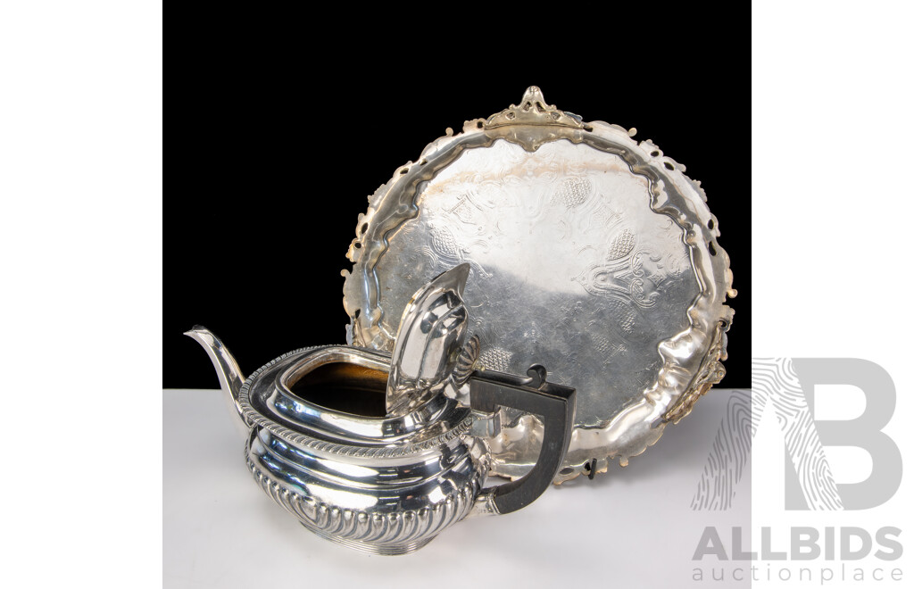 Antique Silver Plate Regency Style Teapot, 1903 Frank Mills & Co Hanover Along with Early Britannia Metal Salver with Grape & Vine Motif to Rim & Three Feet