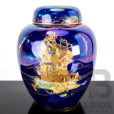 Large Vintage Art Deco English Crown Devon Porcelain Enamel Glazed Lustreware Ship Themed Lidded Vase