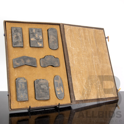 Antique Qing Chinese Inkstone Set with Illustrations by Li Mo, Circa Late 1800s, in Bespoke Case