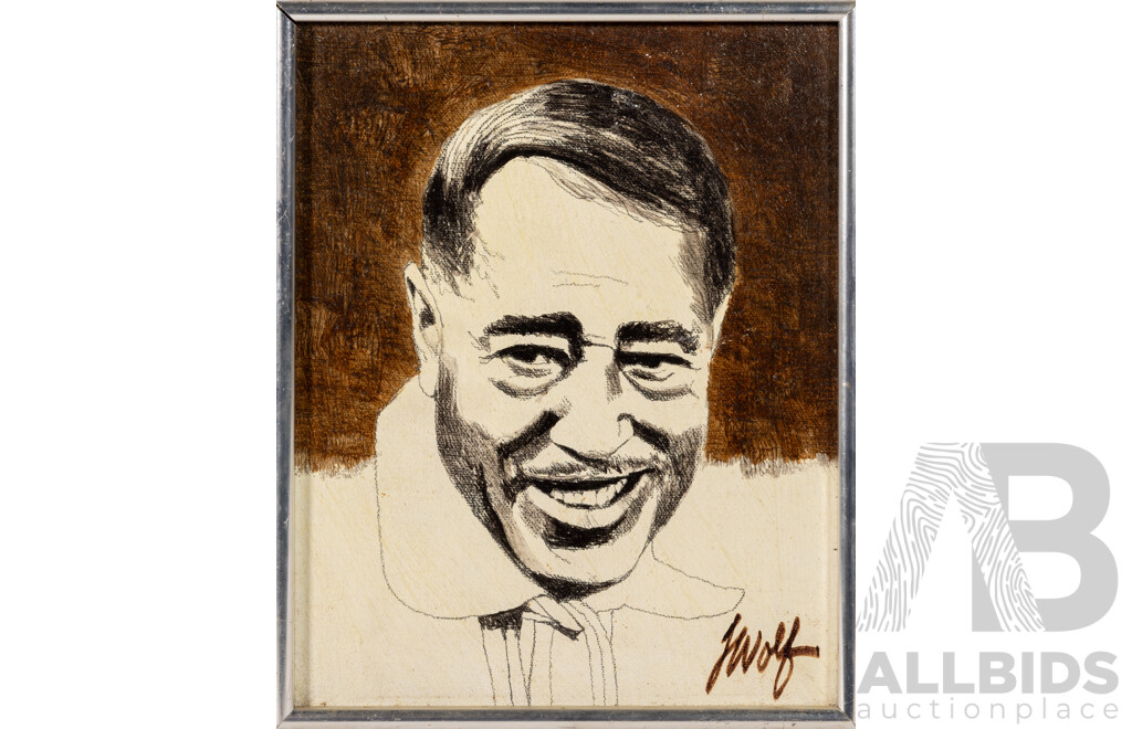 (Possibly) J. Wolf, (20th Century), John Wayne, Liza Minnelli, Judy Garland, Charlie Chaplin, Groucho Marx & Cab Calloway, Set of Six Vintage Miniature Original Portraits, Ink & Oil on Canvas, 26 x[ 21 cm (approx frames) (6)