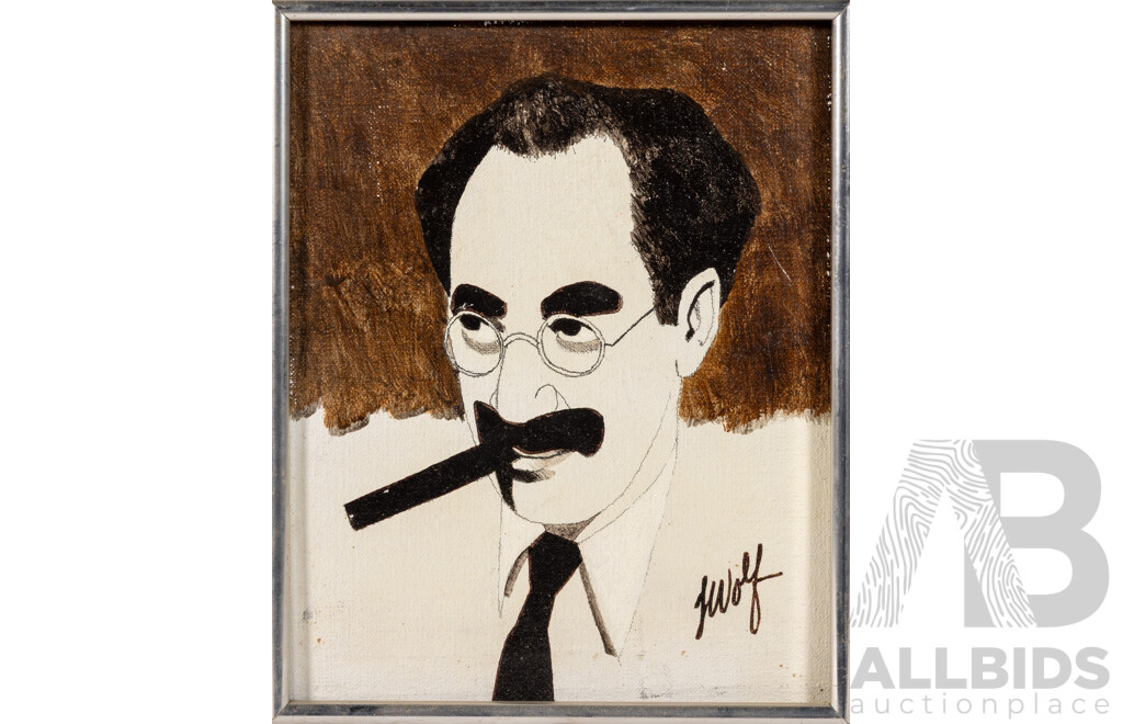 (Possibly) J. Wolf, (20th Century), John Wayne, Liza Minnelli, Judy Garland, Charlie Chaplin, Groucho Marx & Cab Calloway, Set of Six Vintage Miniature Original Portraits, Ink & Oil on Canvas, 26 x[ 21 cm (approx frames) (6)