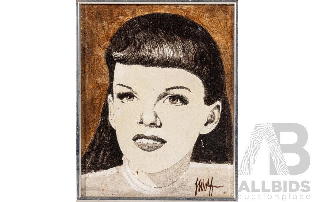 (Possibly) J. Wolf, (20th Century), John Wayne, Liza Minnelli, Judy Garland, Charlie Chaplin, Groucho Marx & Cab Calloway, Set of Six Vintage Miniature Original Portraits, Ink & Oil on Canvas, 26 x[ 21 cm (approx frames) (6)