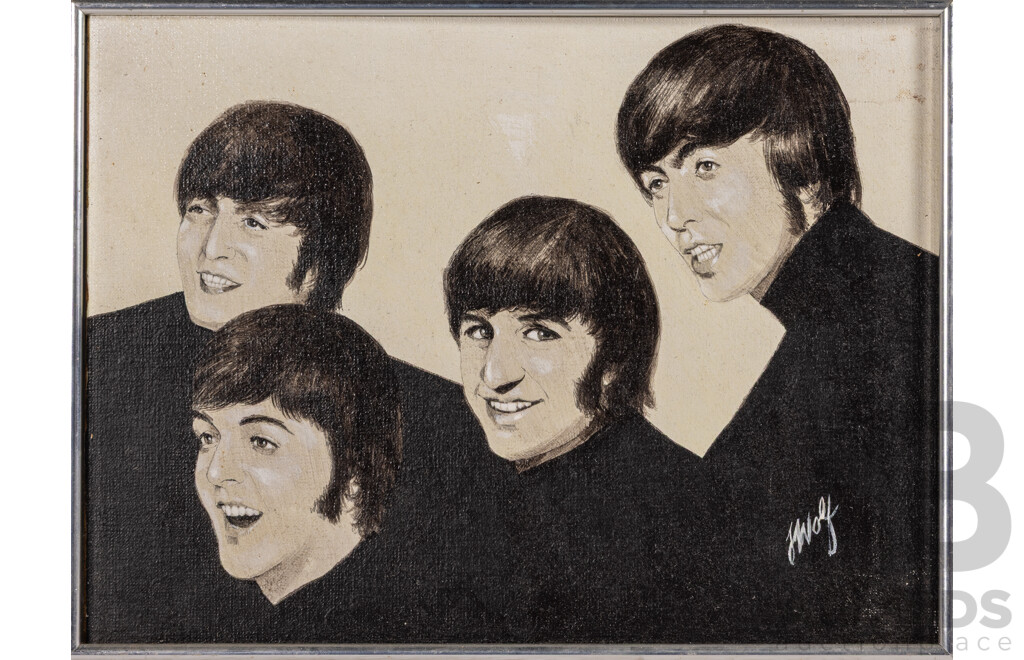 (Possibly) J. Wolf, (20th Century), Frank SInatra, Barbra Streisand, The Beatles & The Three Stooges, Quattro of Vintage Original Portraits, Ink & Oil on Canvas, 40 x 30 cm & 30 x 40 cm (approx Frames) (4)