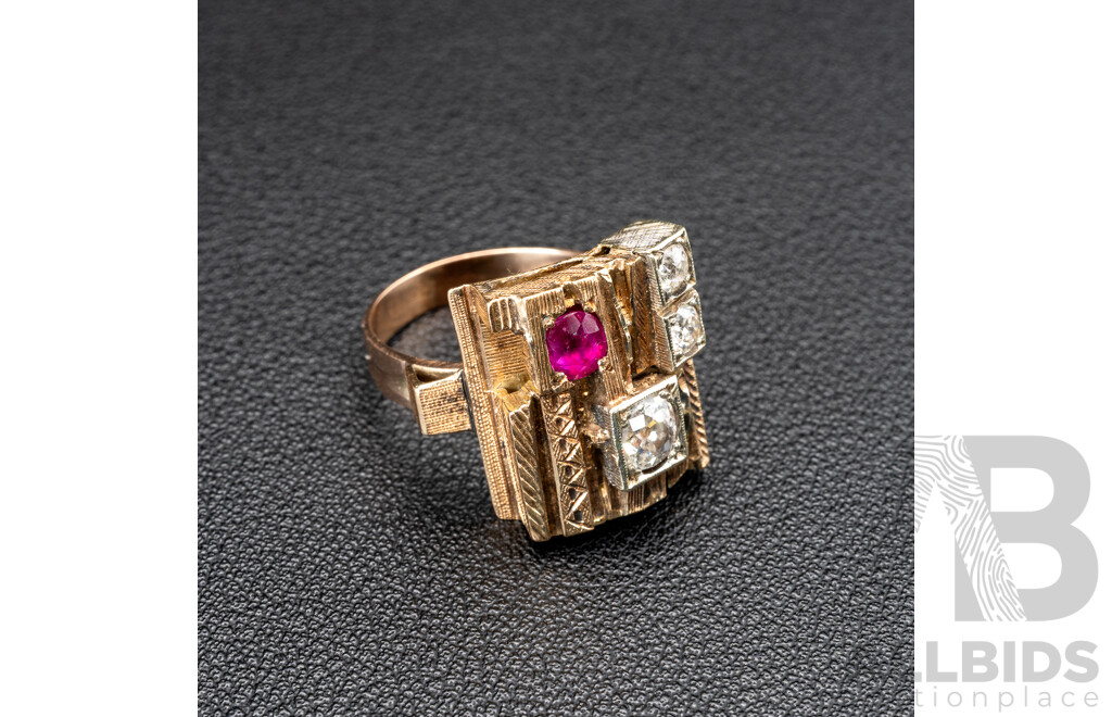 14ct Brutalist Style Handmade Diamond & Ruby Ring, S0.50ct/TDW 0.85ct, Size O, 11.28 Grams