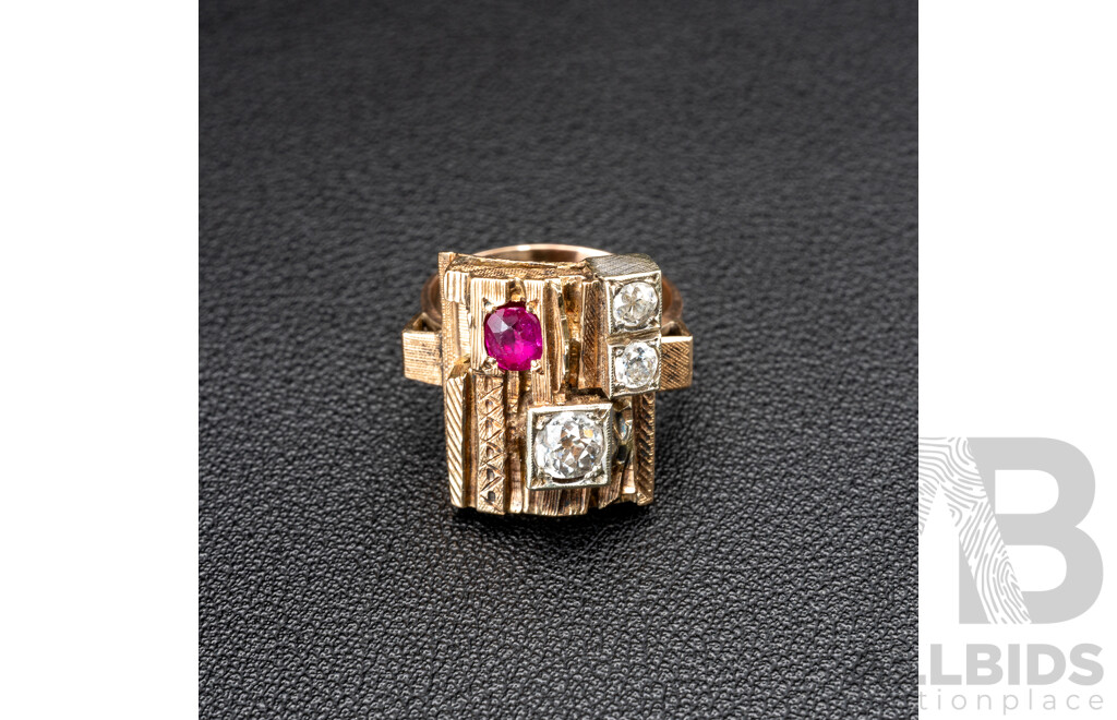 14ct Brutalist Style Handmade Diamond & Ruby Ring, S0.50ct/TDW 0.85ct, Size O, 11.28 Grams