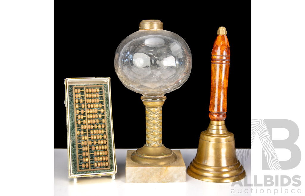 Vintage Brass School Bell with Wooden Handle, Vintage Brass Based Lamp Base and Souvenir Ware Abacus in Box