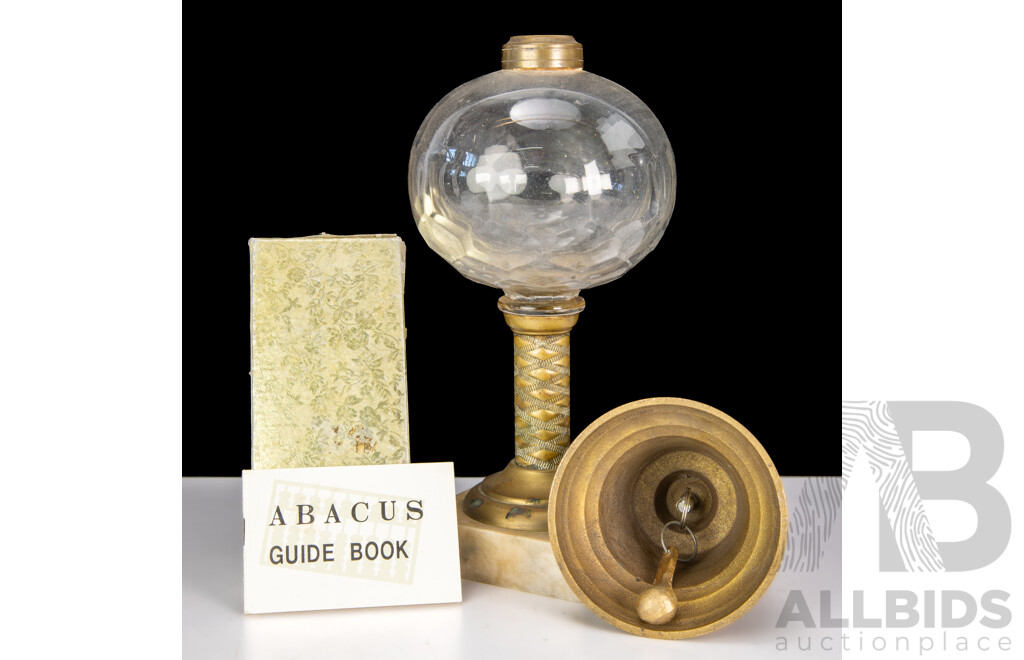 Vintage Brass School Bell with Wooden Handle, Vintage Brass Based Lamp Base and Souvenir Ware Abacus in Box