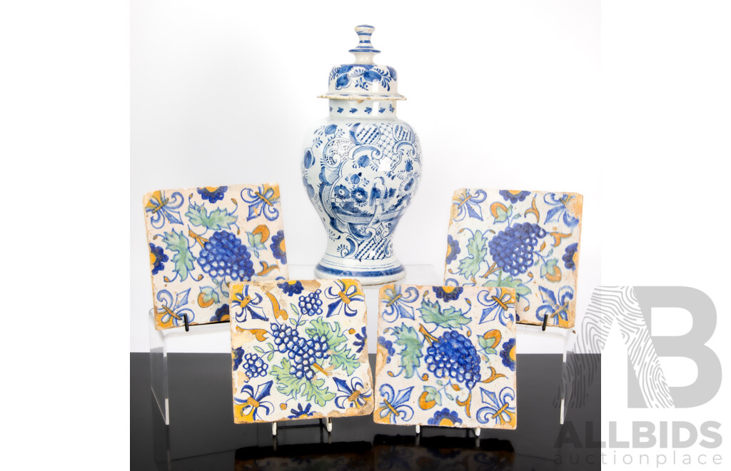 Set Four Antique Continental Hand Painted Tiles Along with Antique Baluster Form Lidded Jar with Hand Painted Blue & White Decoration