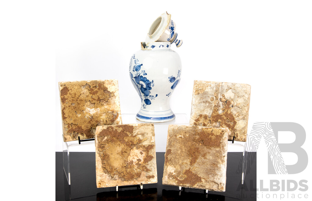Set Four Antique Continental Hand Painted Tiles Along with Antique Baluster Form Lidded Jar with Hand Painted Blue & White Decoration