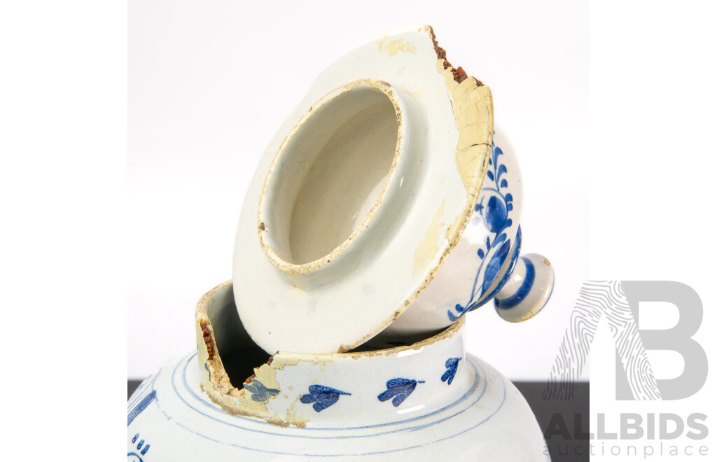 Set Four Antique Continental Hand Painted Tiles Along with Antique Baluster Form Lidded Jar with Hand Painted Blue & White Decoration