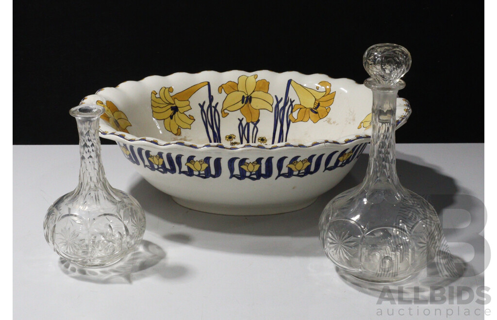 Large English Furnivals Porcelain Basin Along with Two Antique Late Victorian Cut Glass Decanters