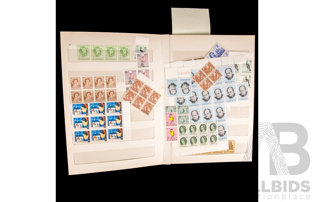 Album of Australian Predecimal, Early Decimal Stamps Including Colonial NSW, VIC, QLD, KGV Perfin, Overprint, Mint Blocks of Churchill, QE2, Christmas 1964, Birds, Bansia