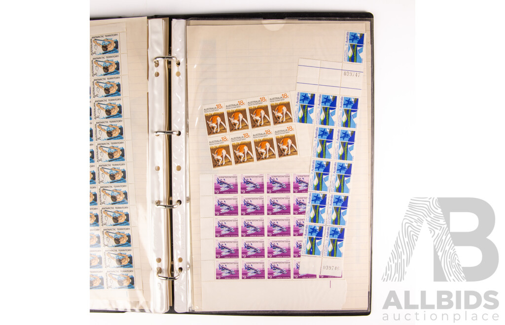 Australian Mint Stamp Sheets, Strips and Blocks, 1960's 70's and 80's Including Expo 70, Cook Bicentenary, Cocos Islands, International Labour Organization, Christmas 1970, Snow Mountains Scheme, Antarctic Territory, ABC, Darby Munro, Waltzing Matilda