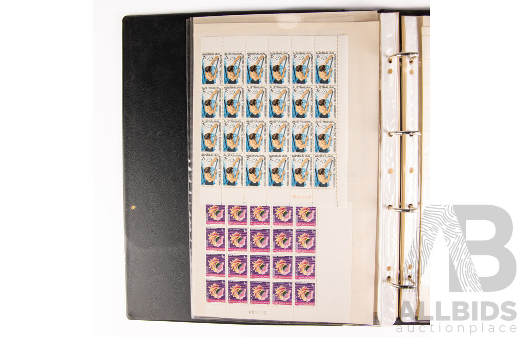 Australian Mint Stamp Sheets, Strips and Blocks, 1960's 70's and 80's Including Expo 70, Cook Bicentenary, Cocos Islands, International Labour Organization, Christmas 1970, Snow Mountains Scheme, Antarctic Territory, ABC, Darby Munro, Waltzing Matilda