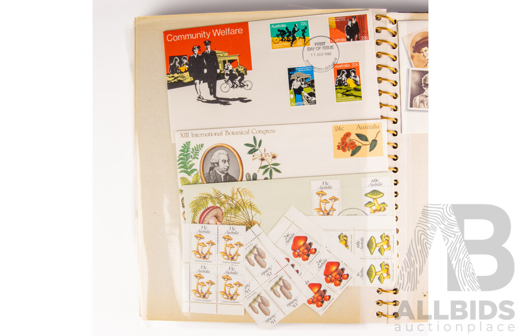 Collection of Mint Australian and United Kingdom Mint Stamp Blocks Including Festival of Britain, Antarctic Territory, Album of 1980's First Day Covers Stamp Packs Mini Sheets