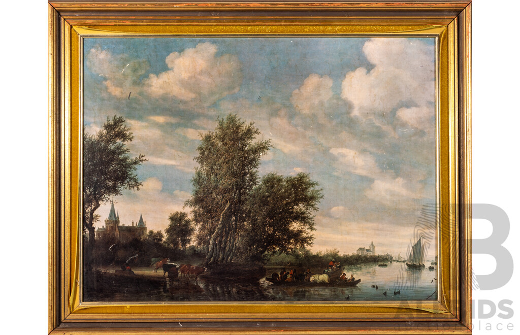 Salomon Van Ruysdael, (Dutch, 1602-1670), Het Pontveer [River Landscape with Ferry], Vintage Reproduction Print on Board From Original Oil From 1649, 66 x 83 cm (frame)