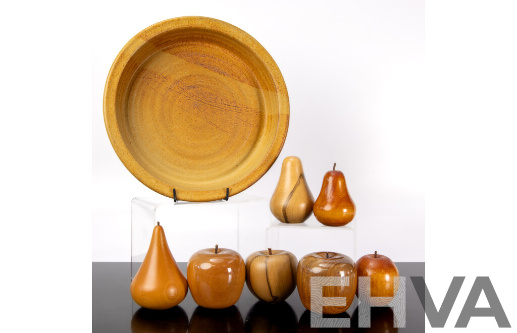 Collection Hand Made Australian Wood Fruit Including Two Huon Pine Pears and More, All in Yarra Glen Pottery Dish