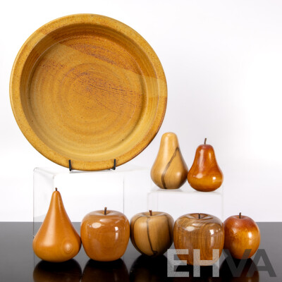 Collection Hand Made Australian Wood Fruit Including Two Huon Pine Pears and More, All in Yarra Glen Pottery Dish
