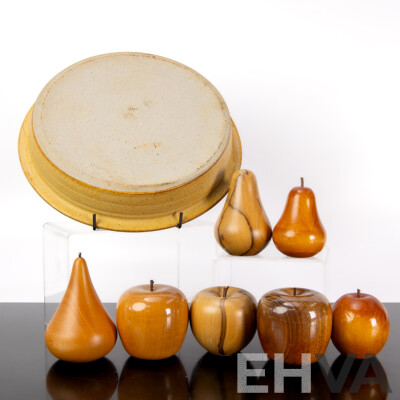 Collection Hand Made Australian Wood Fruit Including Two Huon Pine Pears and More, All in Yarra Glen Pottery Dish