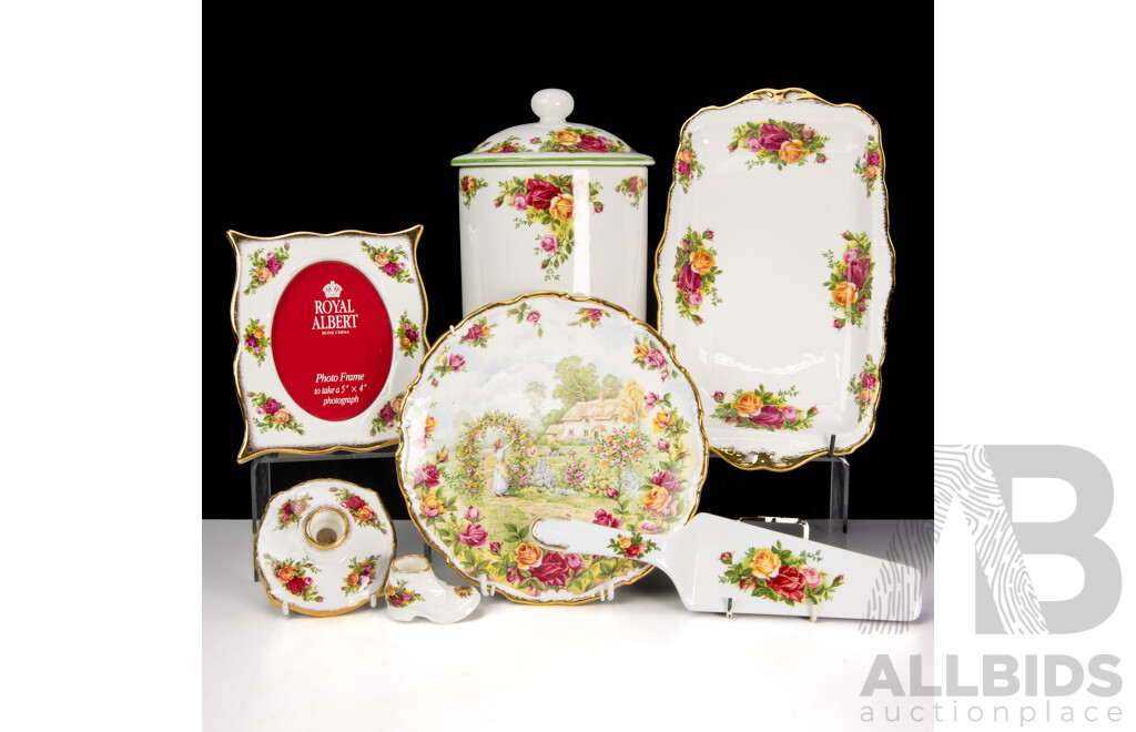 Collection Royal Doulton Porcelain in Old Country Roses Pattern Including Lidded Canister, Candle Holder and More