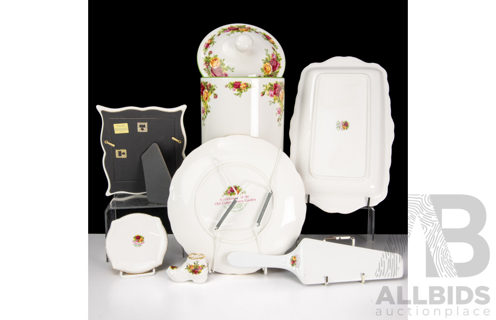Collection Royal Doulton Porcelain in Old Country Roses Pattern Including Lidded Canister, Candle Holder and More