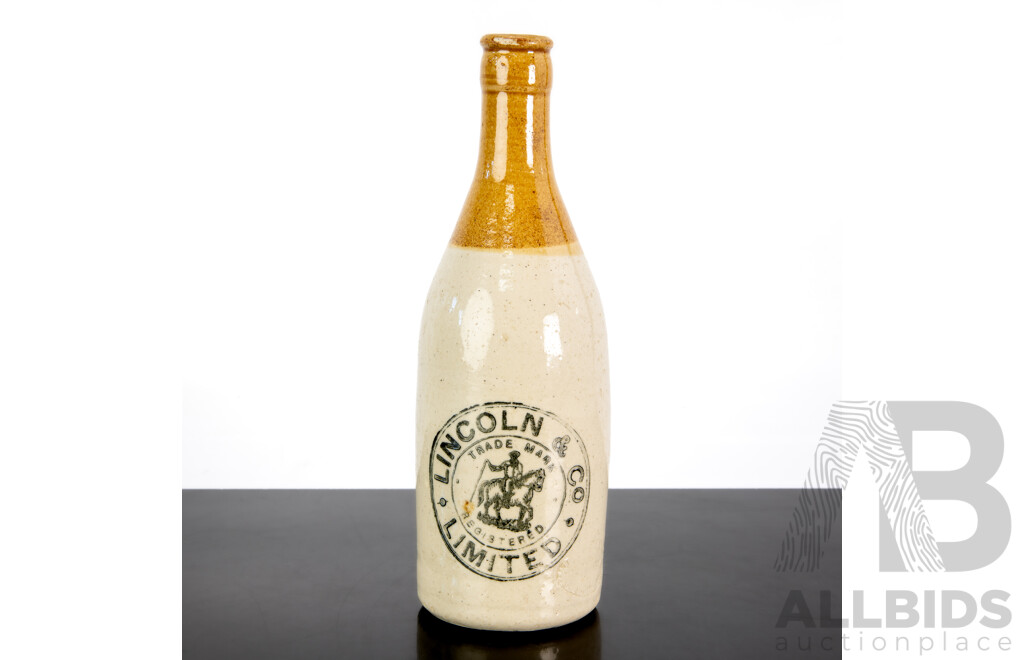 Antique Australian Sydney Stoneware Ginger Beer Bottle for Lincoln & Co, Narrandera, with Horse & Rider Logo