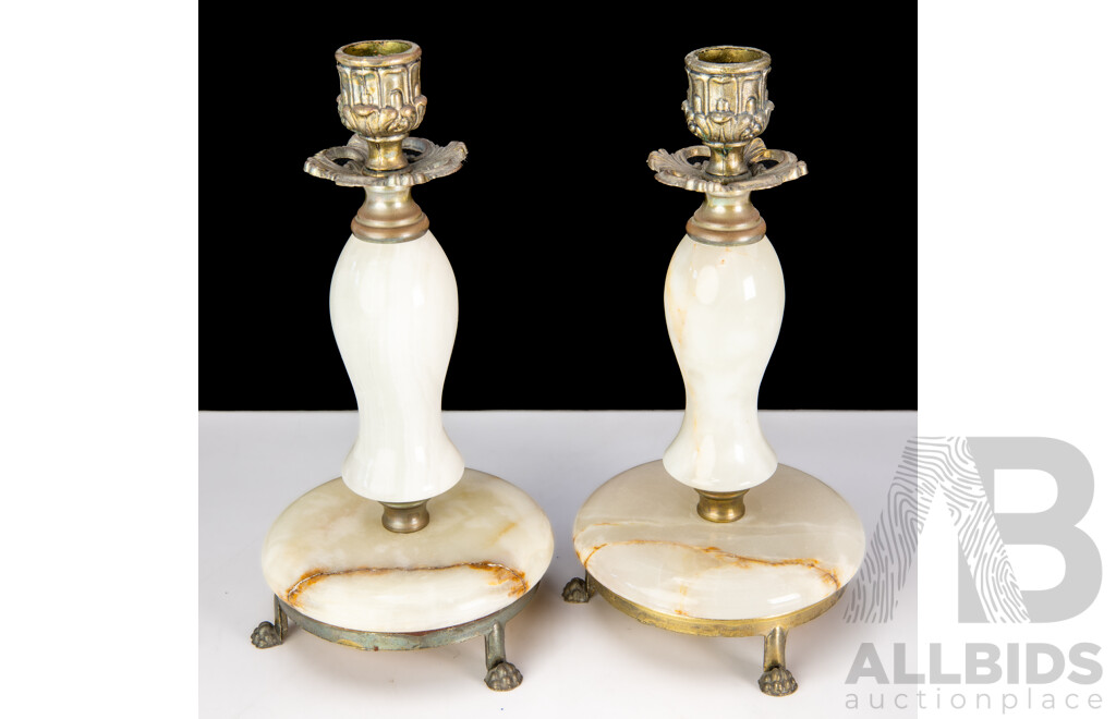 Pair Vintage Alabaster Candle Holders with Metal Tripod Lions Paw Feet