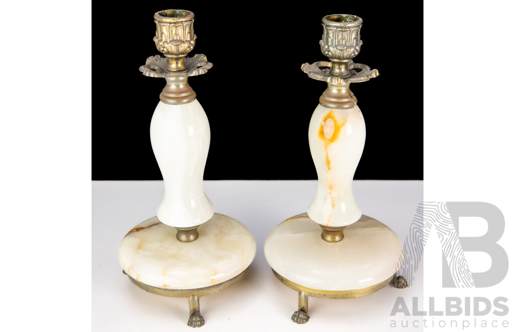 Pair Vintage Alabaster Candle Holders with Metal Tripod Lions Paw Feet