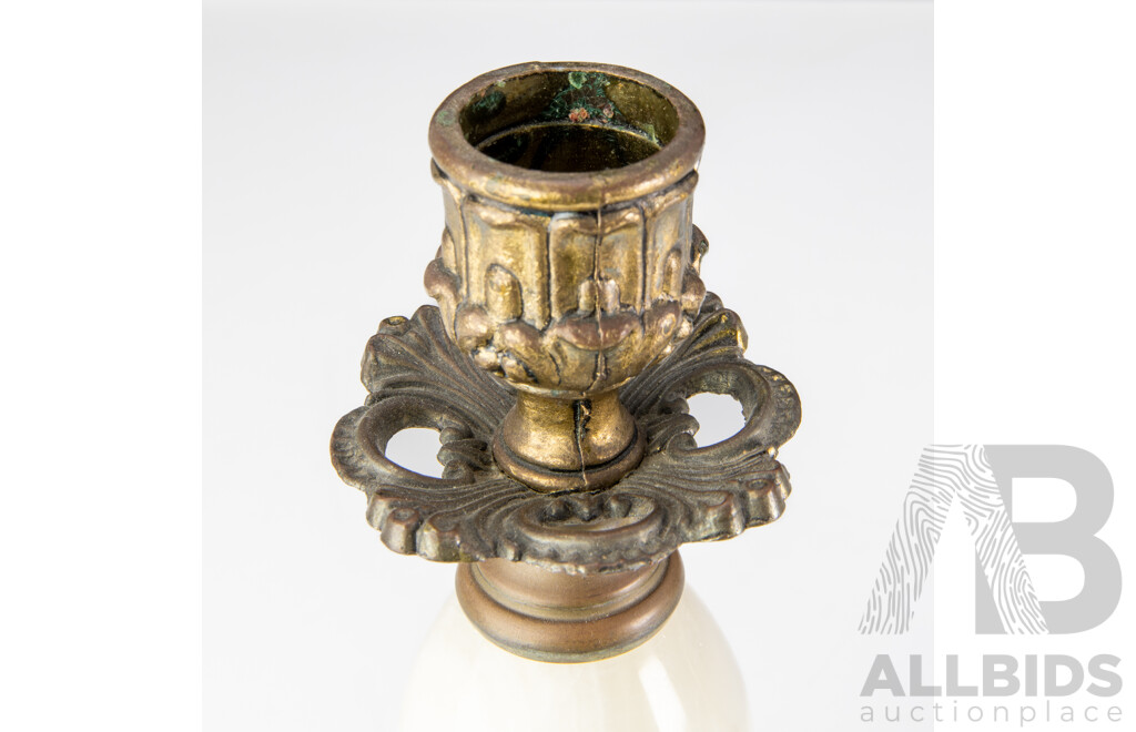 Pair Vintage Alabaster Candle Holders with Metal Tripod Lions Paw Feet