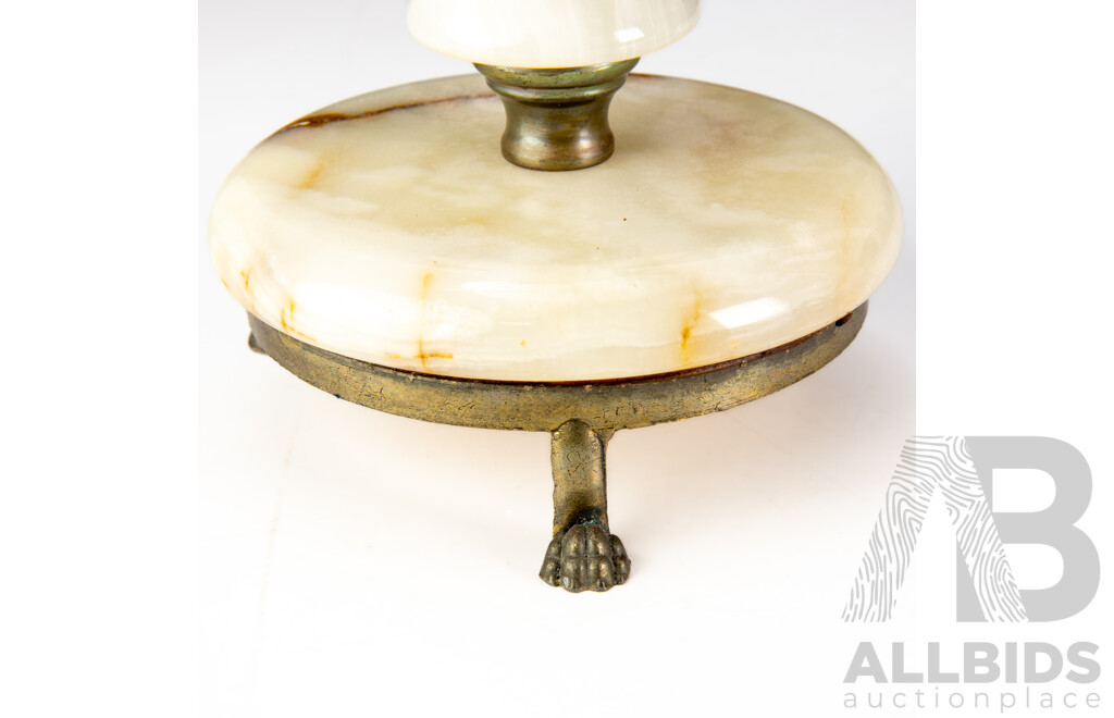 Pair Vintage Alabaster Candle Holders with Metal Tripod Lions Paw Feet