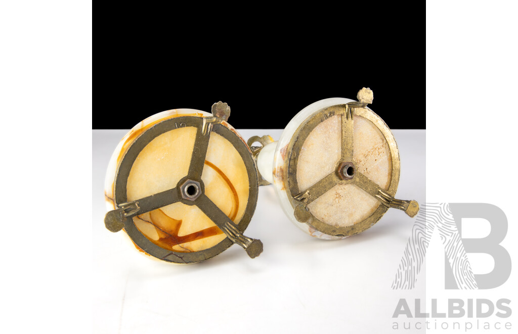 Pair Vintage Alabaster Candle Holders with Metal Tripod Lions Paw Feet