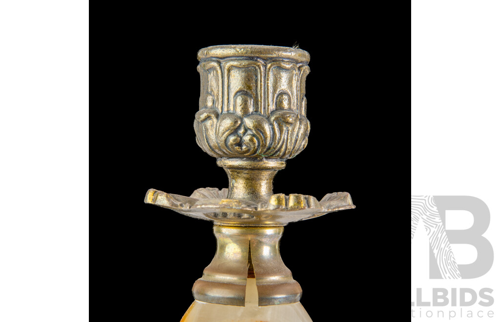 Pair Vintage Alabaster Candle Holders with Metal Tripod Lions Paw Feet