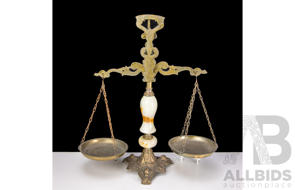 Set Vintage Balance Scales of Justice with Alabaster and Metal Base