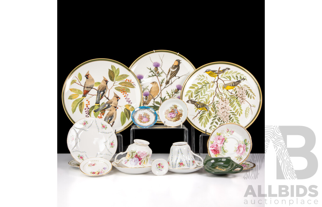 Collection Porcelain Including Royal Albert Trio in Minuet & Trio in Flower of the Month Series Sweet Pea, Two Franklin Mint Display Plates and More