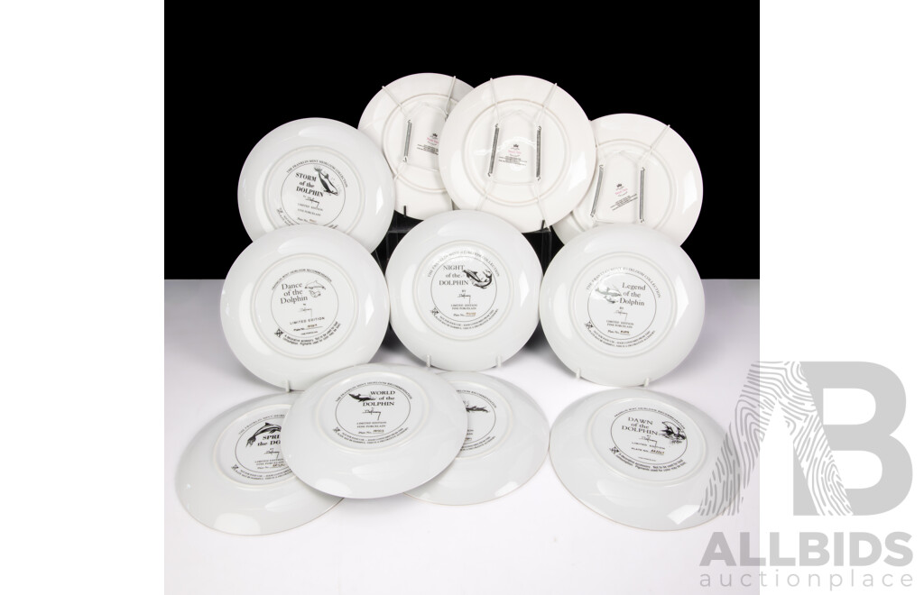 Collection Display Plates Comprising Three Royal Vale Bird Examples, Set Eight Limited Edition Bradex Dolphin Examples