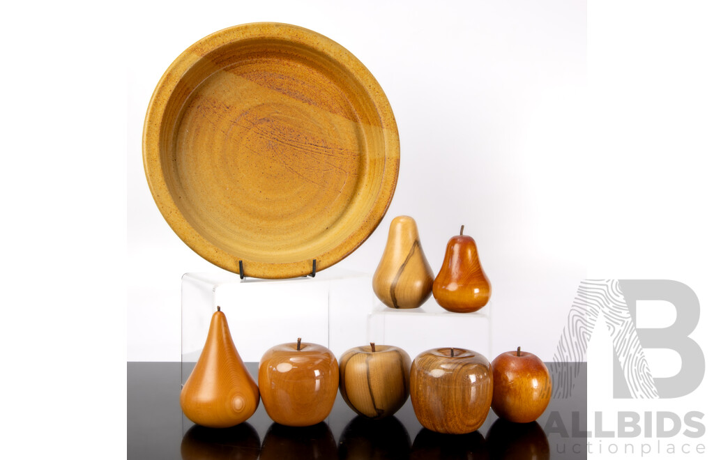 Collection Hand Made Australian Wood Fruit Including Two Huon Pine Pears and More, All in Yarra Glen Pottery Dish
