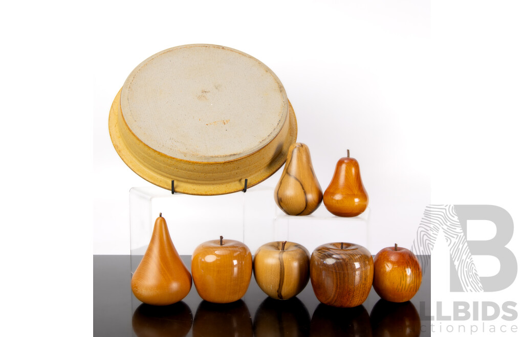 Collection Hand Made Australian Wood Fruit Including Two Huon Pine Pears and More, All in Yarra Glen Pottery Dish